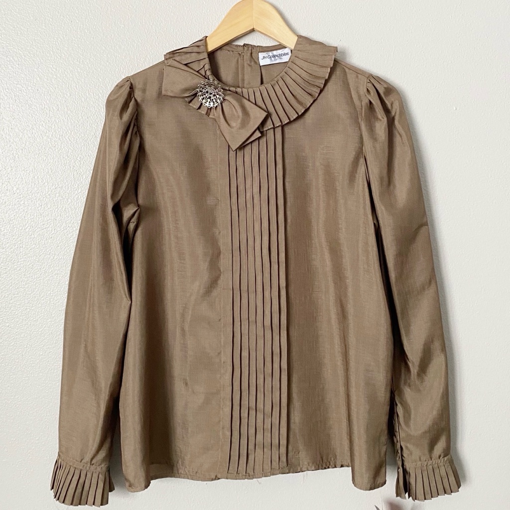 Jh Collectibles Vintage Brown Ruffled Collar Back Button Blouse Top Size 12 Nwt